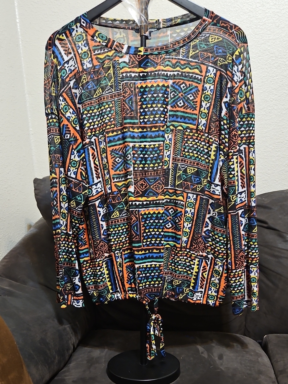 Abstract Geo Print Tie-Hem Blouse in Multicolor by Covington